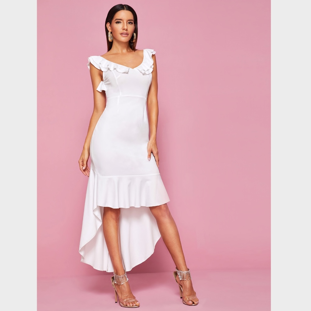White Backless Criss Cross High Low Ruffle Dress - Picture 4 of 6